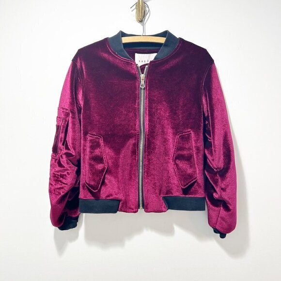 ASO Hailey Bieber Sandro Paris Ventura Velvet Bomber Jacket Size Small Cranberry - Picture 7 of 16